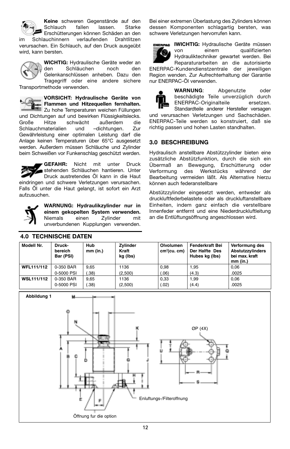 0 beschreibung, 0 technische daten | Enerpac WSL-112 User Manual | Page 12 / 40