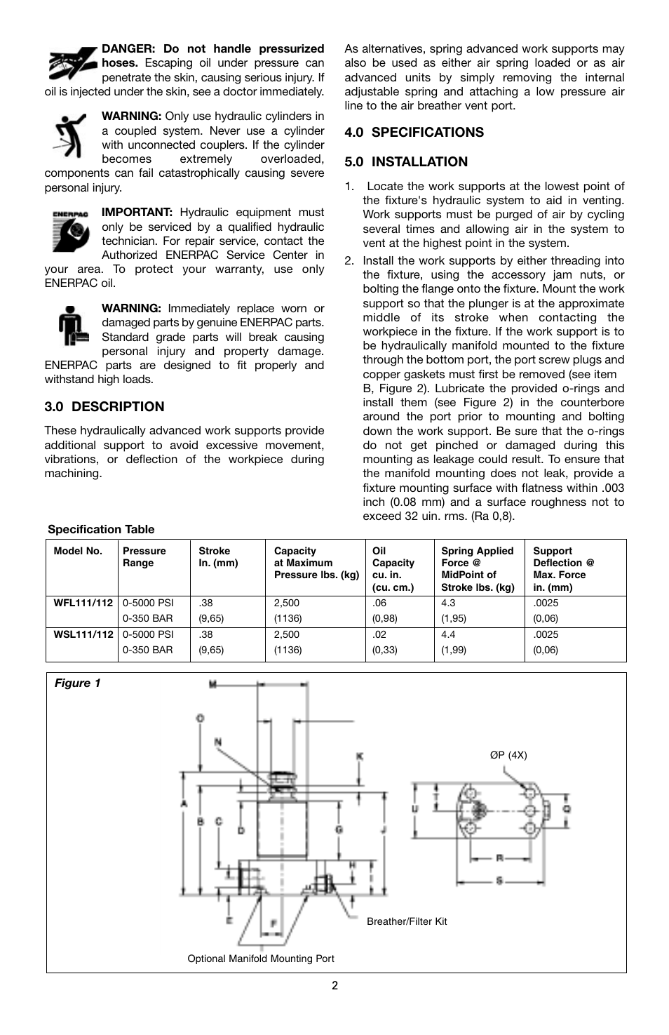 0 description, 0 specifications 5.0 installation | Enerpac WSL-112 User Manual | Page 2 / 40