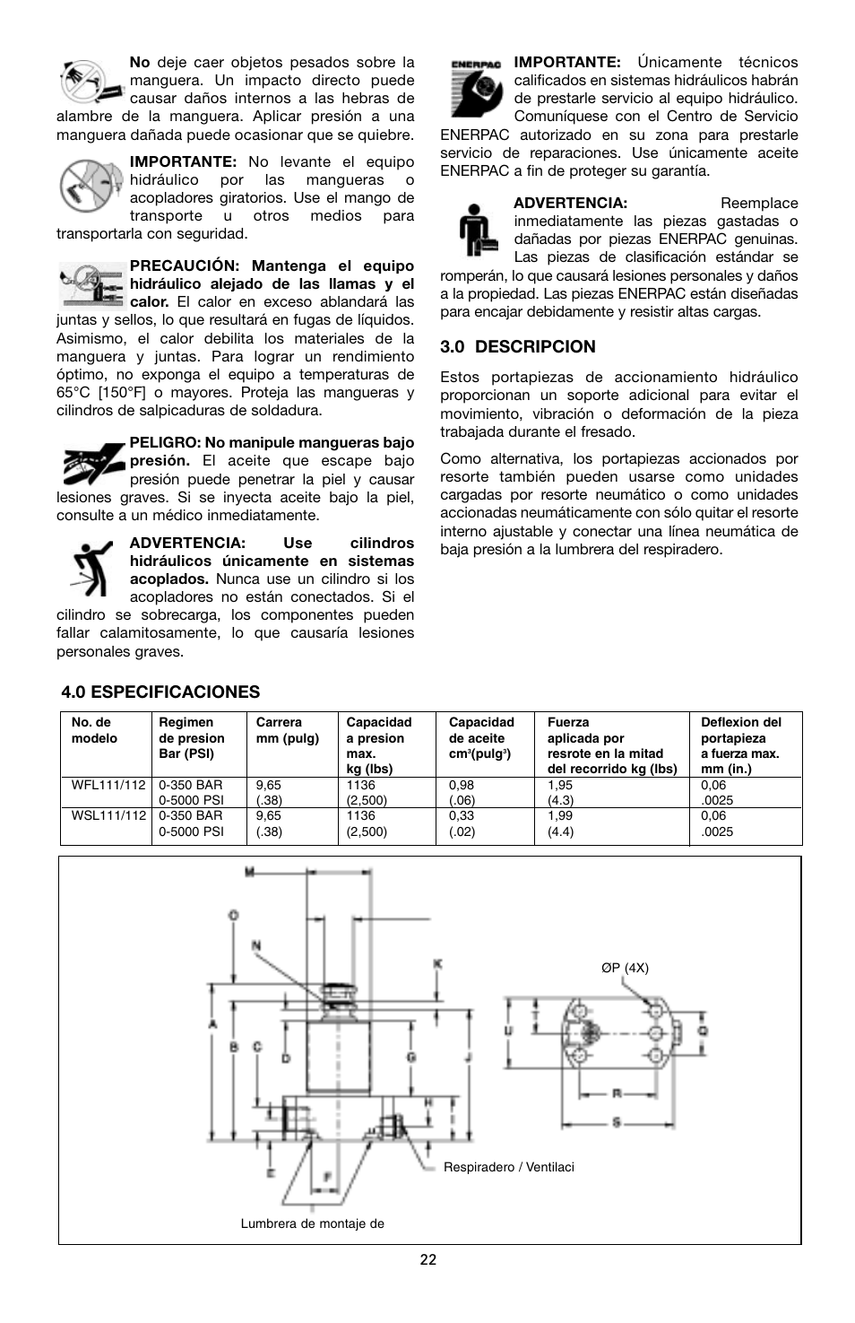 0 descripcion, 0 especificaciones | Enerpac WSL-112 User Manual | Page 22 / 40