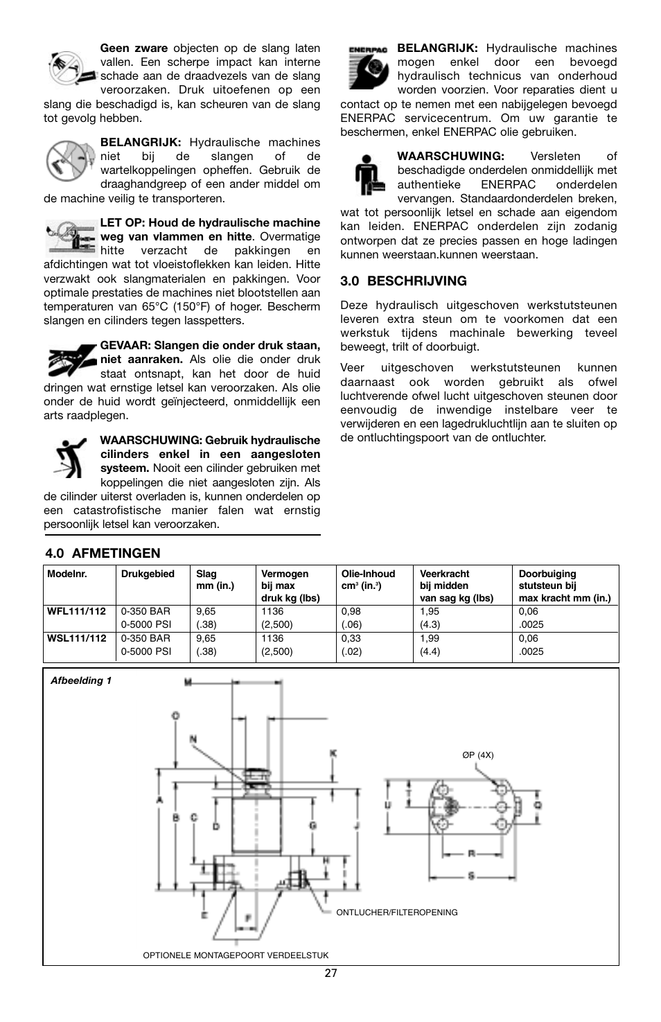 0 beschrijving, 0 afmetingen | Enerpac WSL-112 User Manual | Page 27 / 40