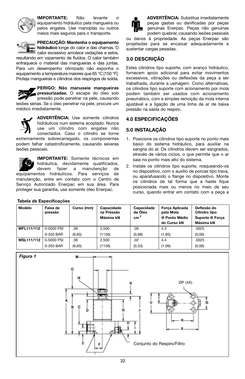 0 descrição, 0 especificações 5.0 instalação | Enerpac WSL-112 User Manual | Page 32 / 40