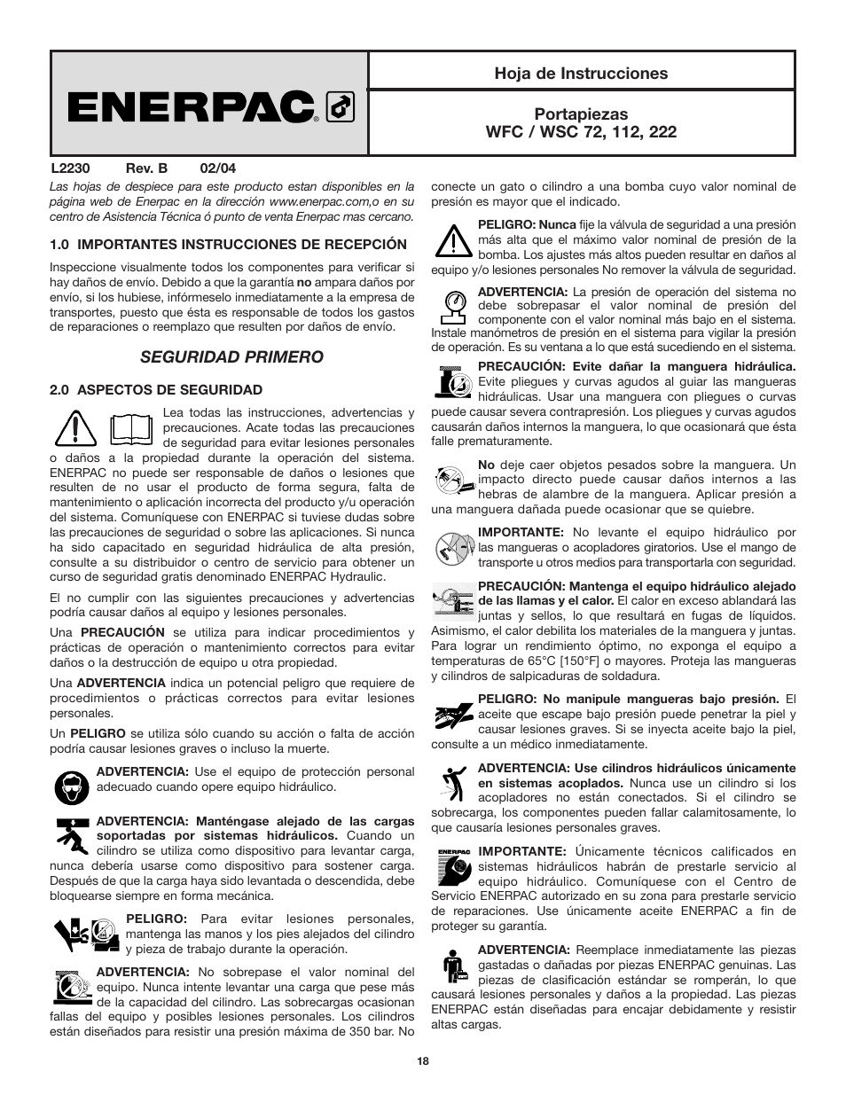 Seguridad primero | Enerpac WSC-112 User Manual | Page 18 / 32