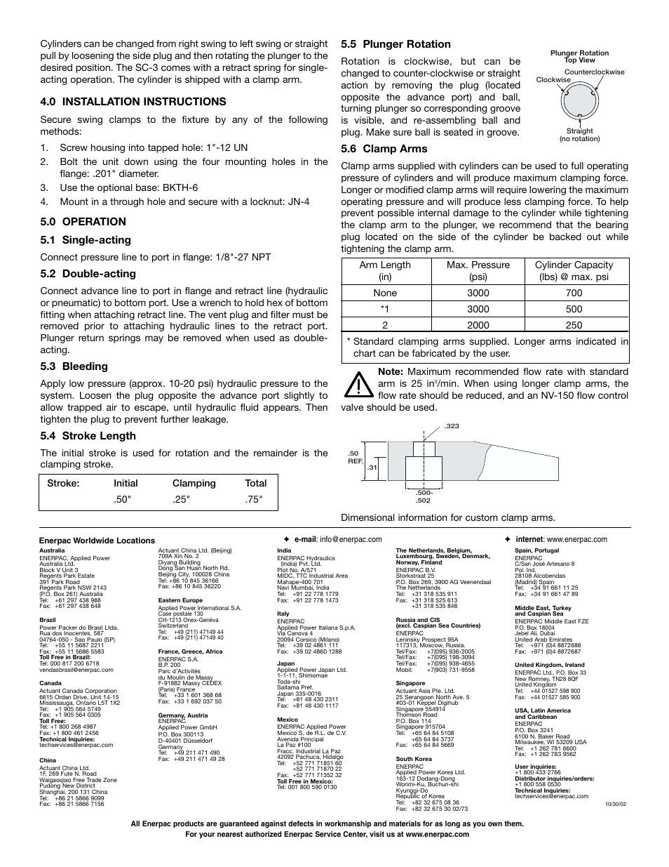 0 installation instructions, 0 operation 5.1 single-acting, 2 double-acting | 3 bleeding, 4 stroke length, 5 plunger rotation, 6 clamp arms | Enerpac SC-3 User Manual | Page 2 / 2