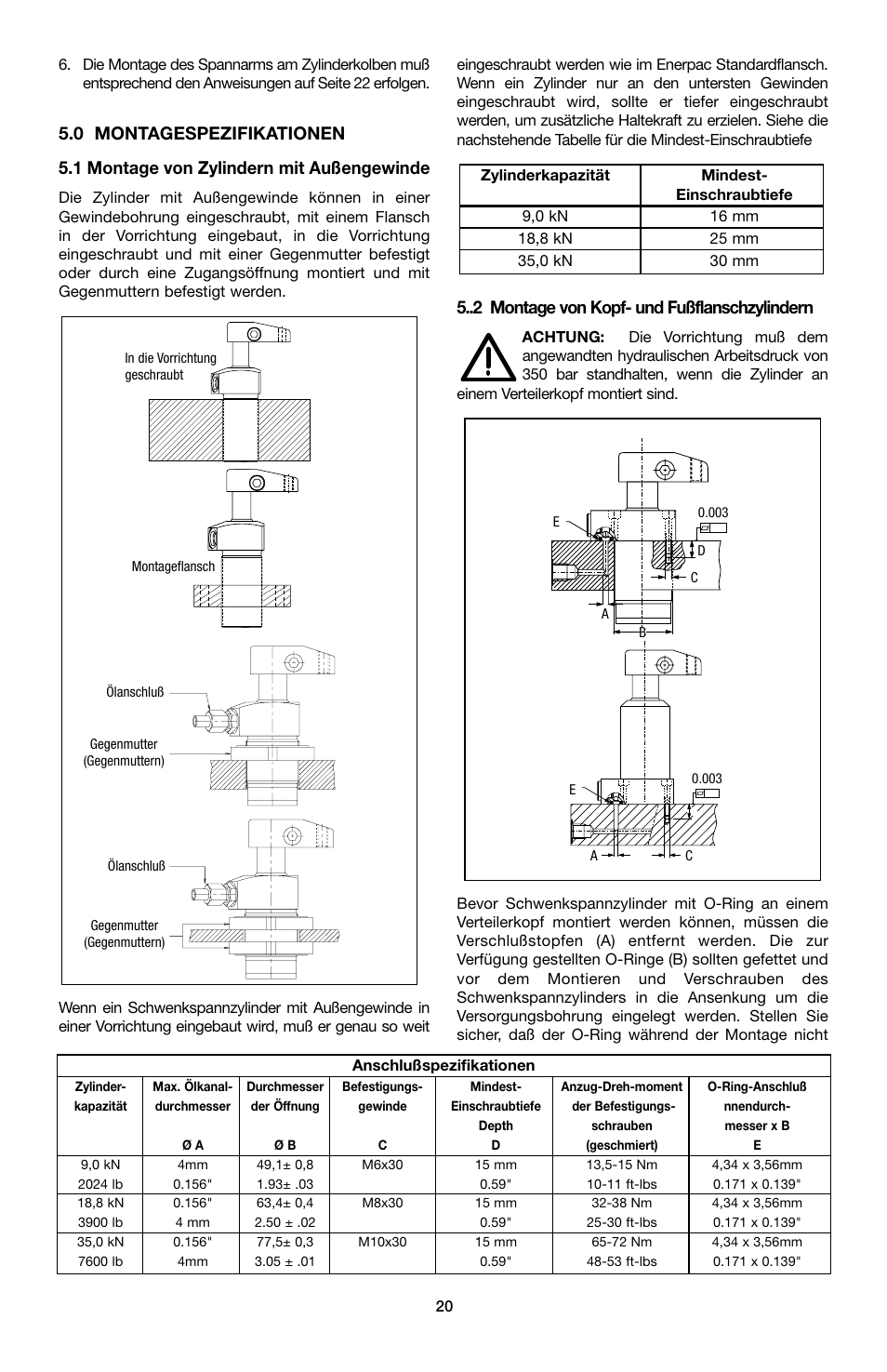 5 montage von kopf- und fußflanschzylindern | Enerpac ST-202 User Manual | Page 20 / 52