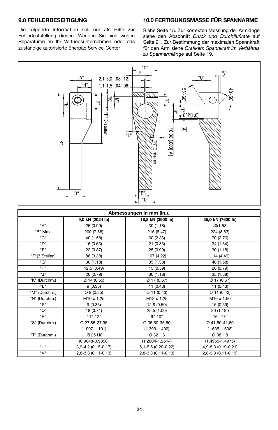 0 fehlerbeseitigung, 0 fertigungsmasse für spannarme | Enerpac ST-202 User Manual | Page 24 / 52