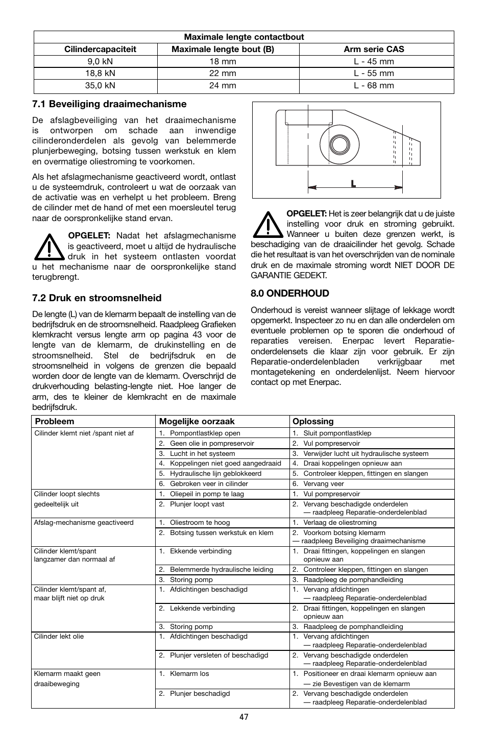 1 beveiliging draaimechanisme, 2 druk en stroomsnelheid, 0 onderhoud | Enerpac ST-202 User Manual | Page 47 / 52