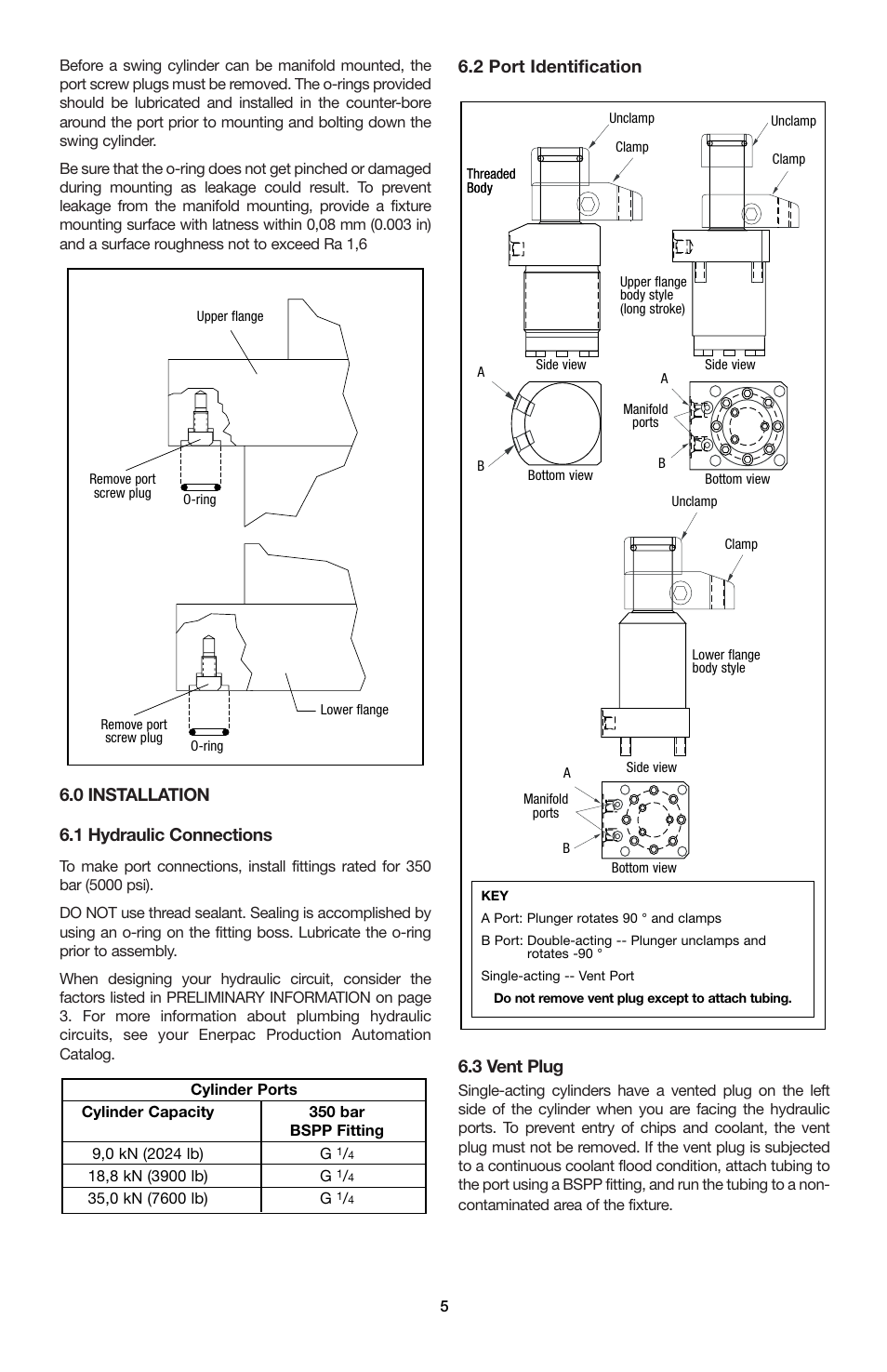 0 installation 6.1 hydraulic connections, 2 port identification 6.3 vent plug | Enerpac ST-202 User Manual | Page 5 / 52