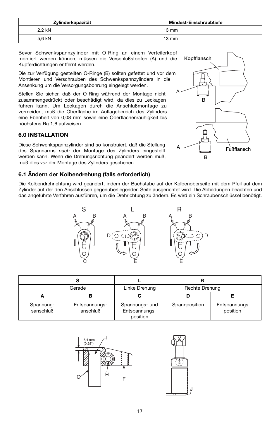 Sl r, 0 installation, 1 ändern der kolbendrehung (falls erforderlich) | Enerpac ST-52 User Manual | Page 17 / 48