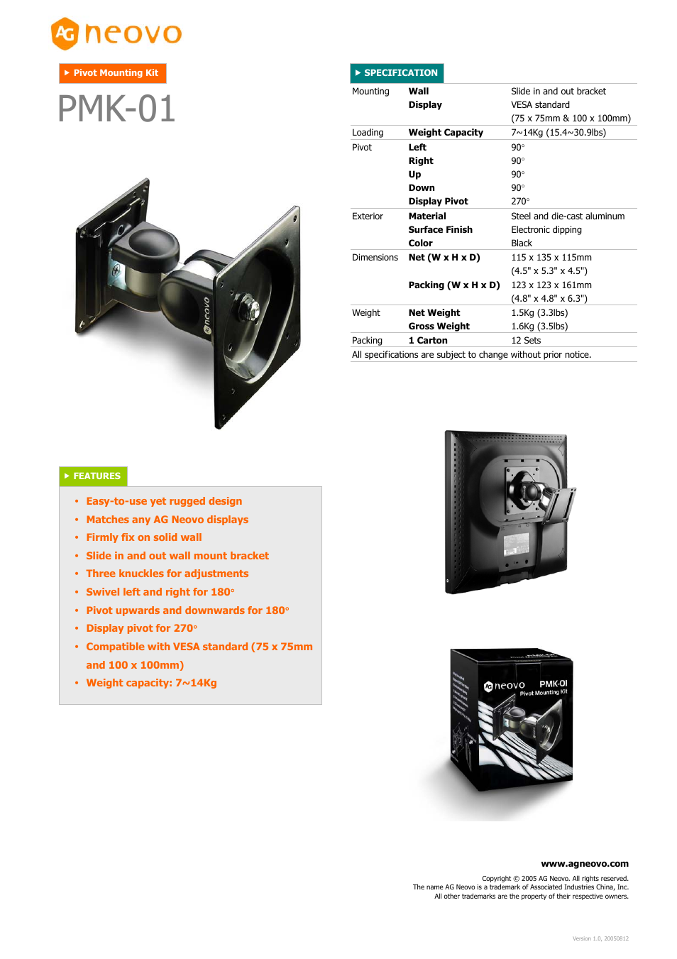 AG Neovo Neovo PMK-01 User Manual | 1 page