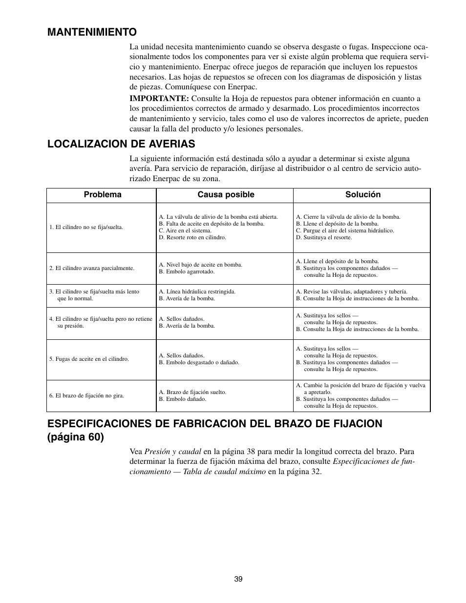 Mantenimiento, Localizacion de averias | Enerpac SC-Series User Manual | Page 39 / 64