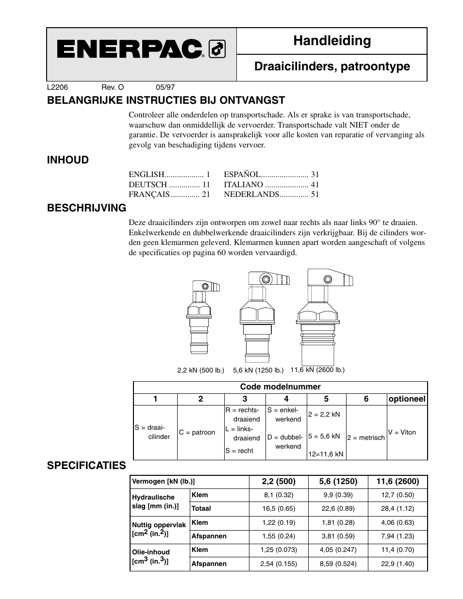 Handleiding, Draaicilinders, patroontype, Belangrijke instructies bij ontvangst | Inhoud, Beschrijving, Specificaties | Enerpac SC-Series User Manual | Page 51 / 64