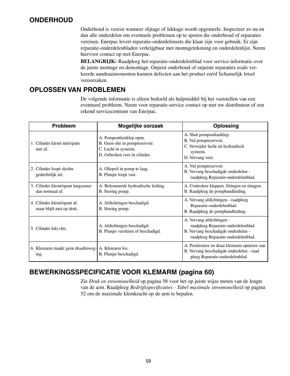 Onderhoud, Oplossen van problemen, Bewerkingsspecificatie voor klemarm (pagina 60) | Enerpac SC-Series User Manual | Page 59 / 64