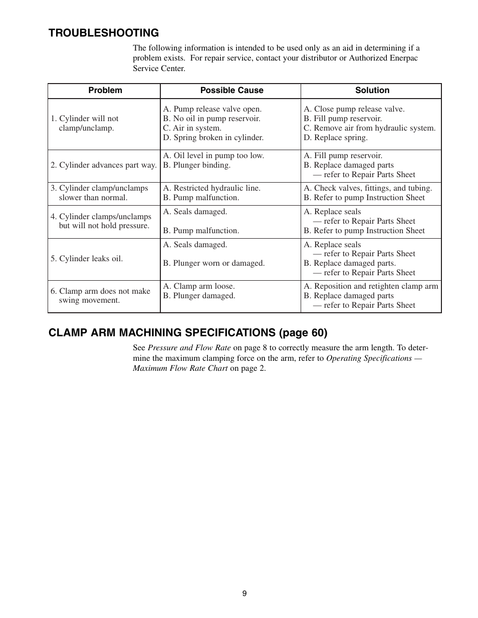 Troubleshooting, Clamp arm machining specifications (page 60) | Enerpac SC-Series User Manual | Page 9 / 64