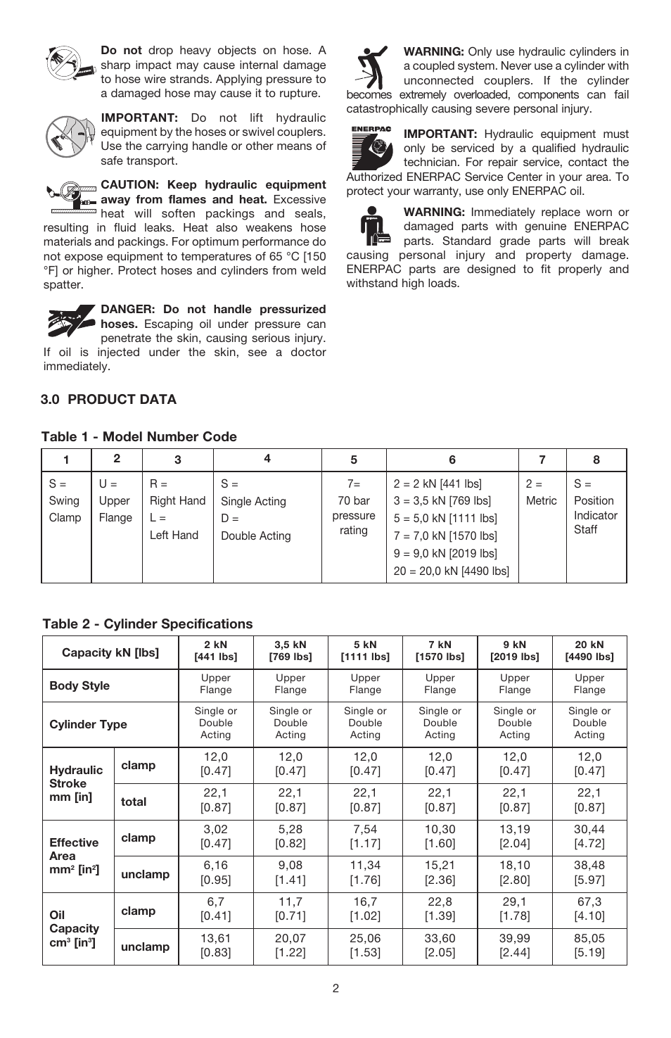 Table 2 - cylinder specifications, Table 1 - model number code, 0 product data | Enerpac SU7-Series User Manual | Page 2 / 12