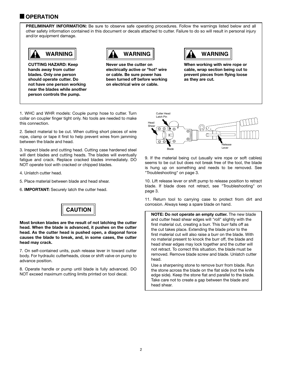 Operation, Warning, Caution | Enerpac WMC-Series User Manual | Page 2 / 4