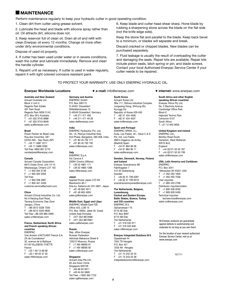 Maintenance | Enerpac WMC-Series User Manual | Page 4 / 4