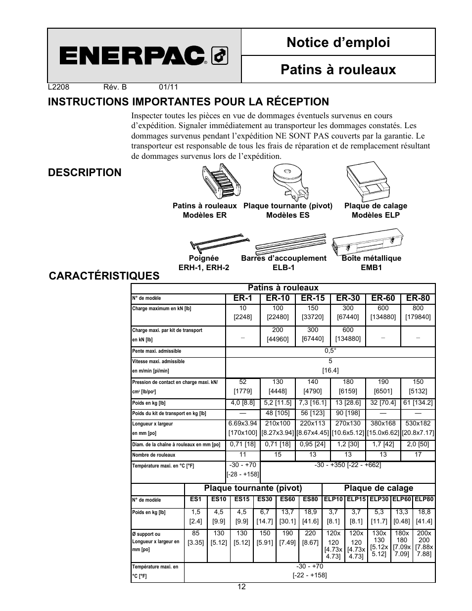 Notice d’emploi patins à rouleaux, Instructions importantes pour la réception, Description | Caractéristiques, Patins à rouleaux, Er-1 plaque tournante (pivot), Plaque de calage | Enerpac ER-Series User Manual | Page 12 / 32