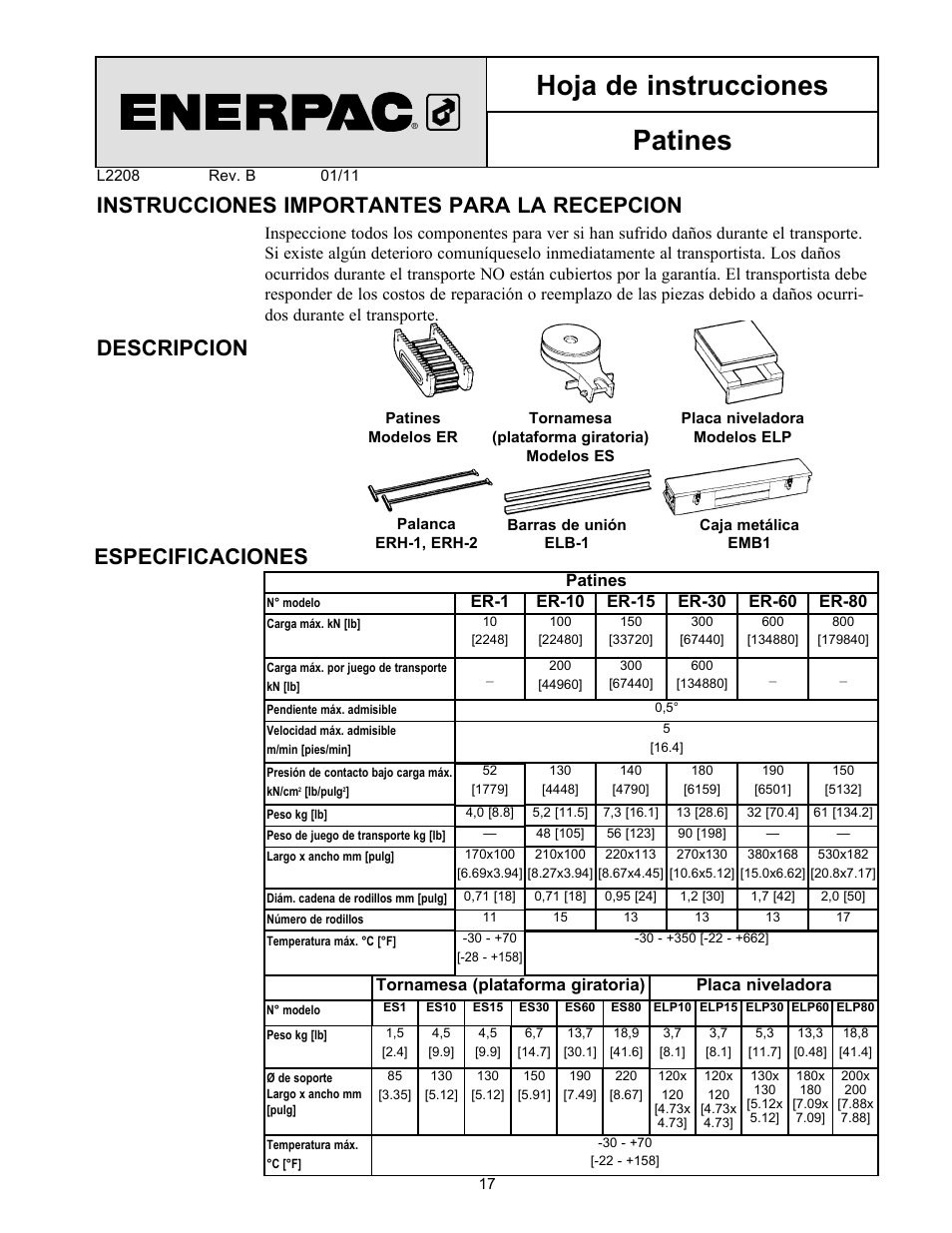 Hoja de instrucciones patines, Instrucciones importantes para la recepcion, Descripcion | Especificaciones, Patines, Er-1 tornamesa (plataforma giratoria), Placa niveladora | Enerpac ER-Series User Manual | Page 17 / 32