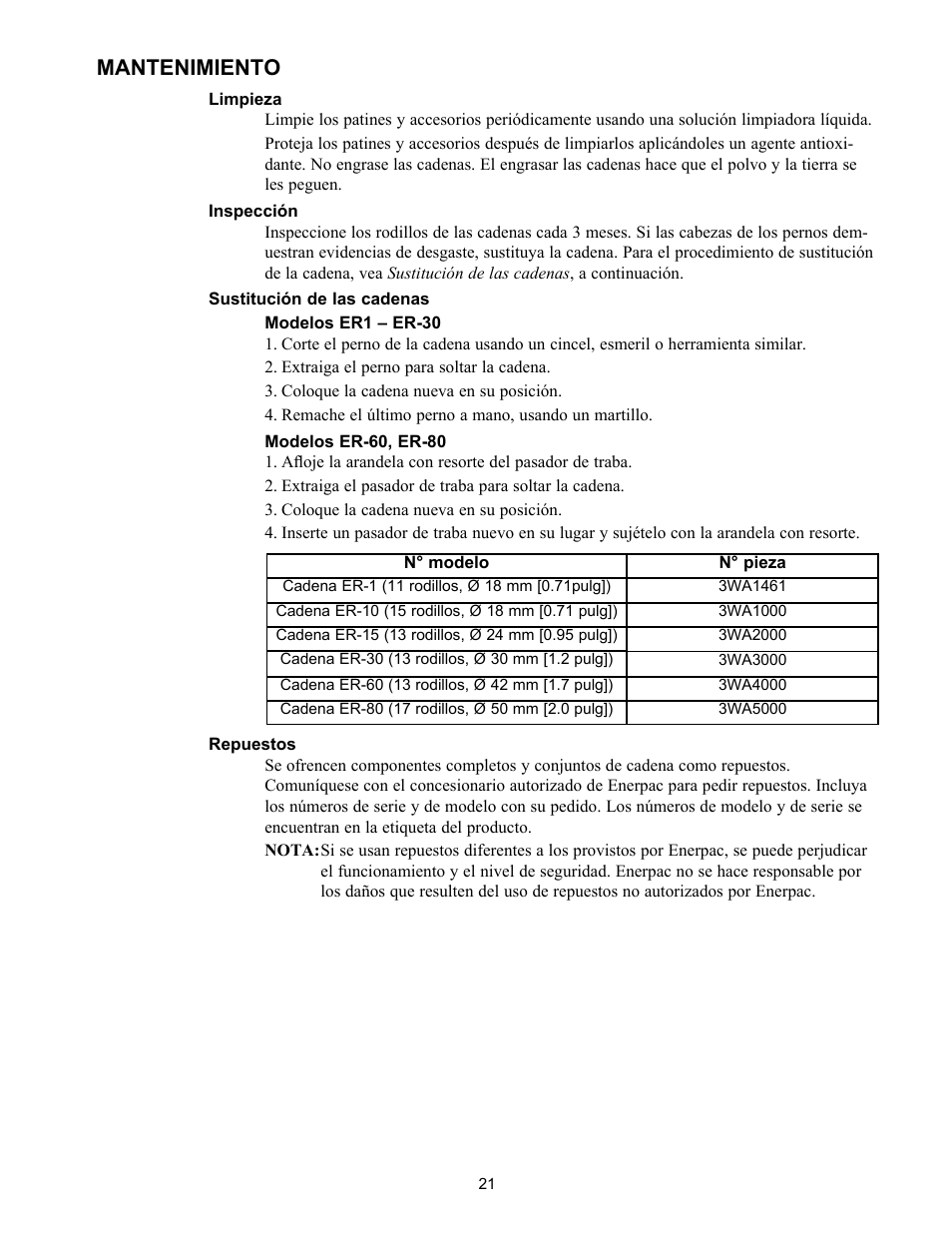 Mantenimiento | Enerpac ER-Series User Manual | Page 21 / 32