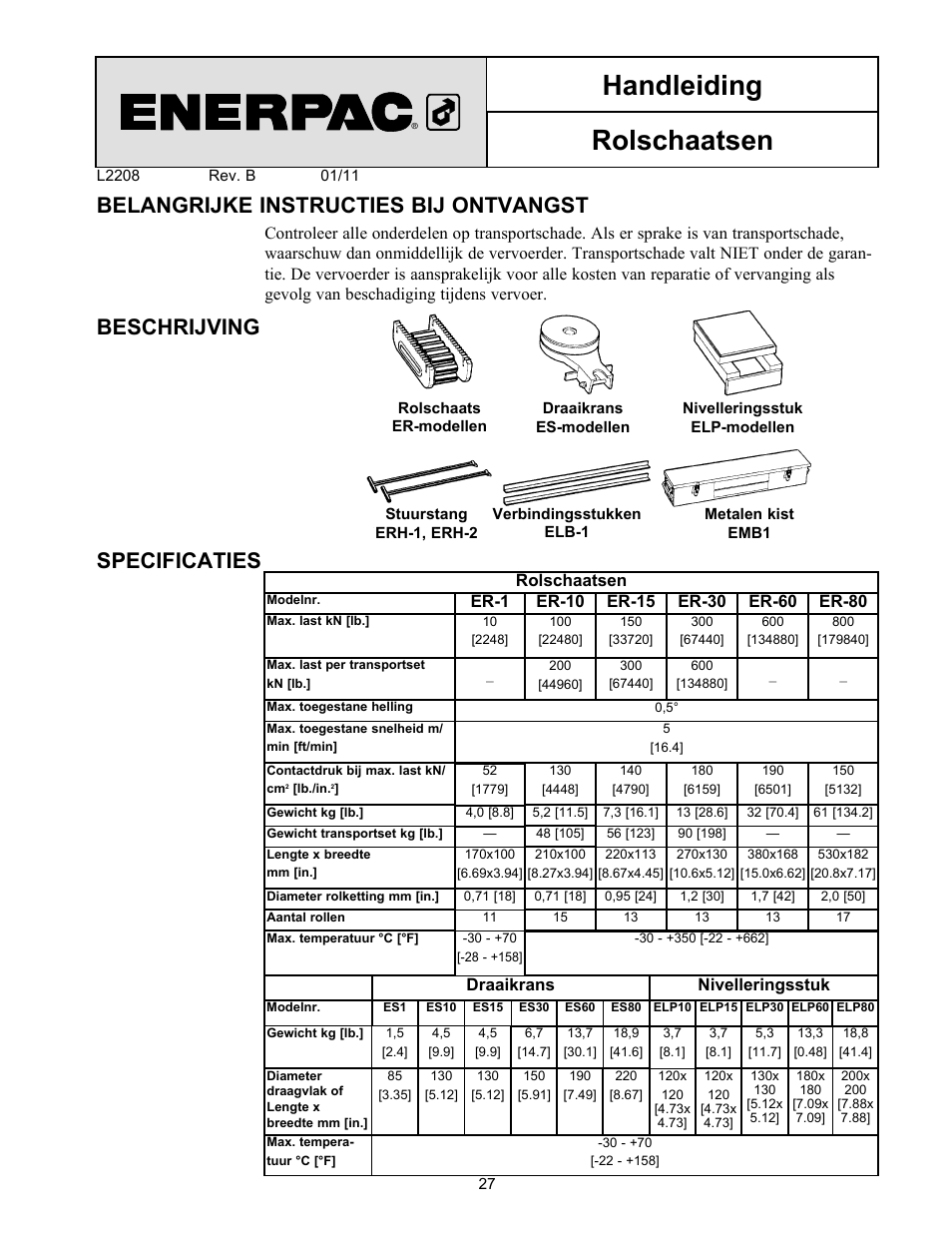 Handleiding rolschaatsen, Belangrijke instructies bij ontvangst, Beschrijving specificaties | Er-1 draaikrans, Nivelleringsstuk | Enerpac ER-Series User Manual | Page 27 / 32