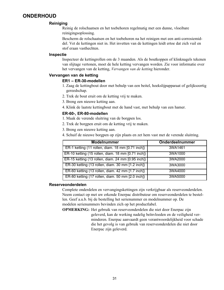 Onderhoud | Enerpac ER-Series User Manual | Page 31 / 32