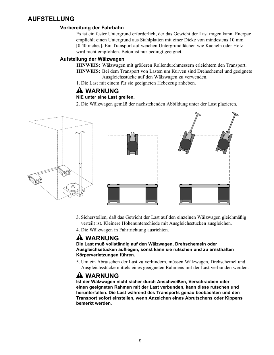 Aufstellung, Warnung | Enerpac ER-Series User Manual | Page 9 / 32
