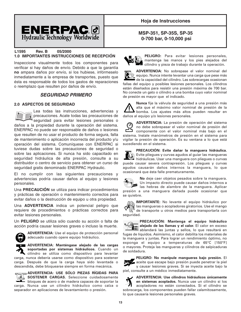 Seguridad primero | Enerpac SP-Series User Manual | Page 13 / 20