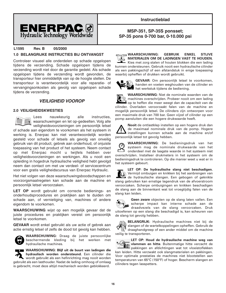 Veiligheid voorop | Enerpac SP-Series User Manual | Page 16 / 20