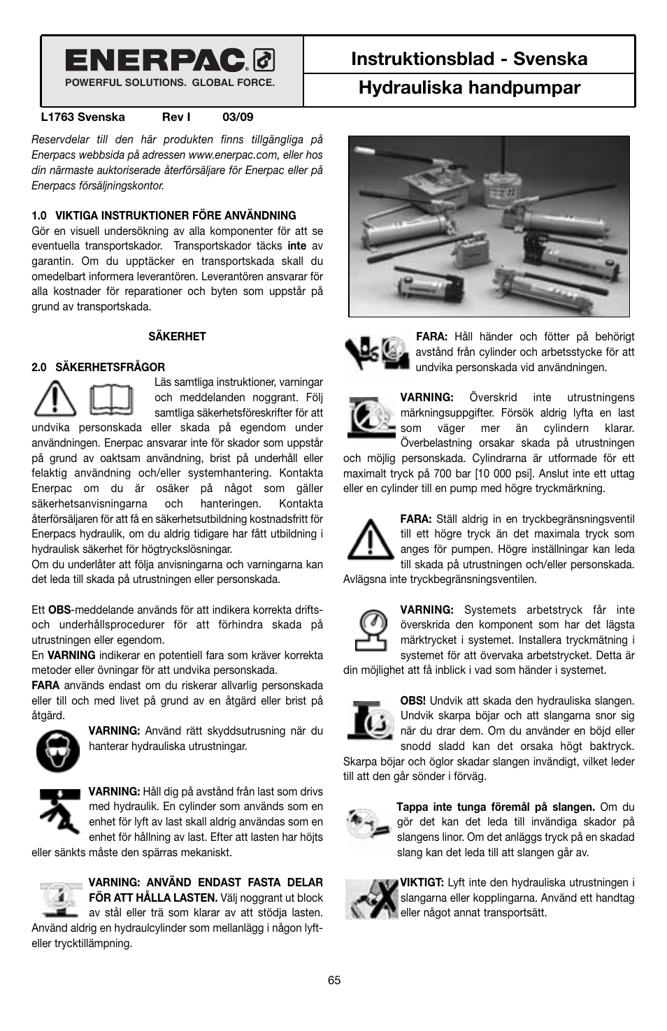 Instruktionsblad - svenska hydrauliska handpumpar | Enerpac MS-Series pumps User Manual | Page 65 / 96