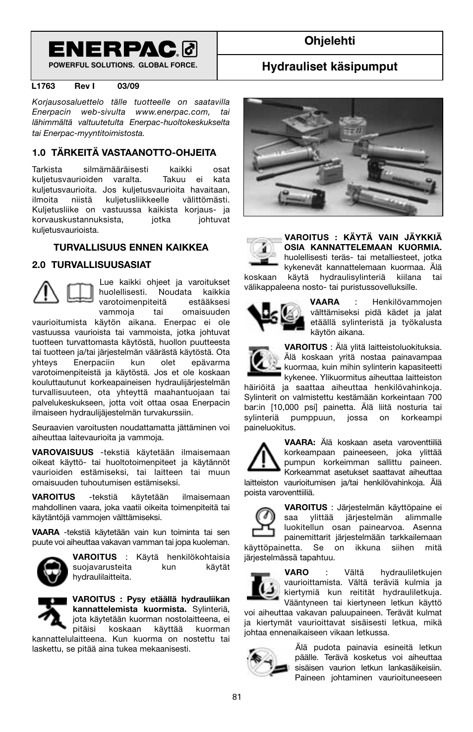 Ohjelehti hydrauliset käsipumput | Enerpac MS-Series pumps User Manual | Page 81 / 96