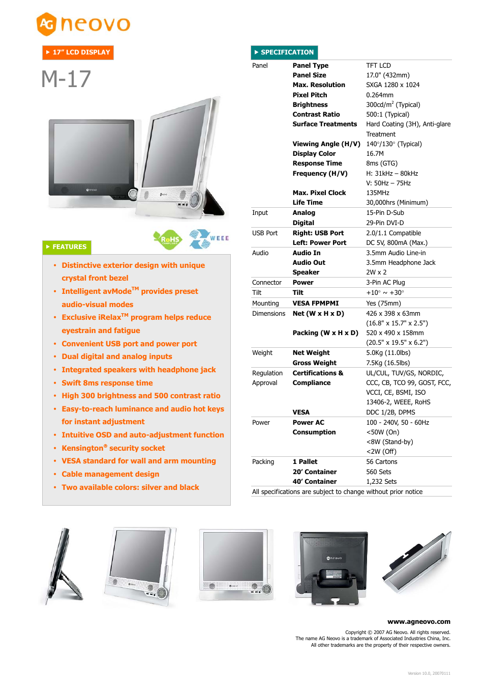 AG Neovo Neovo M-17 User Manual | 1 page