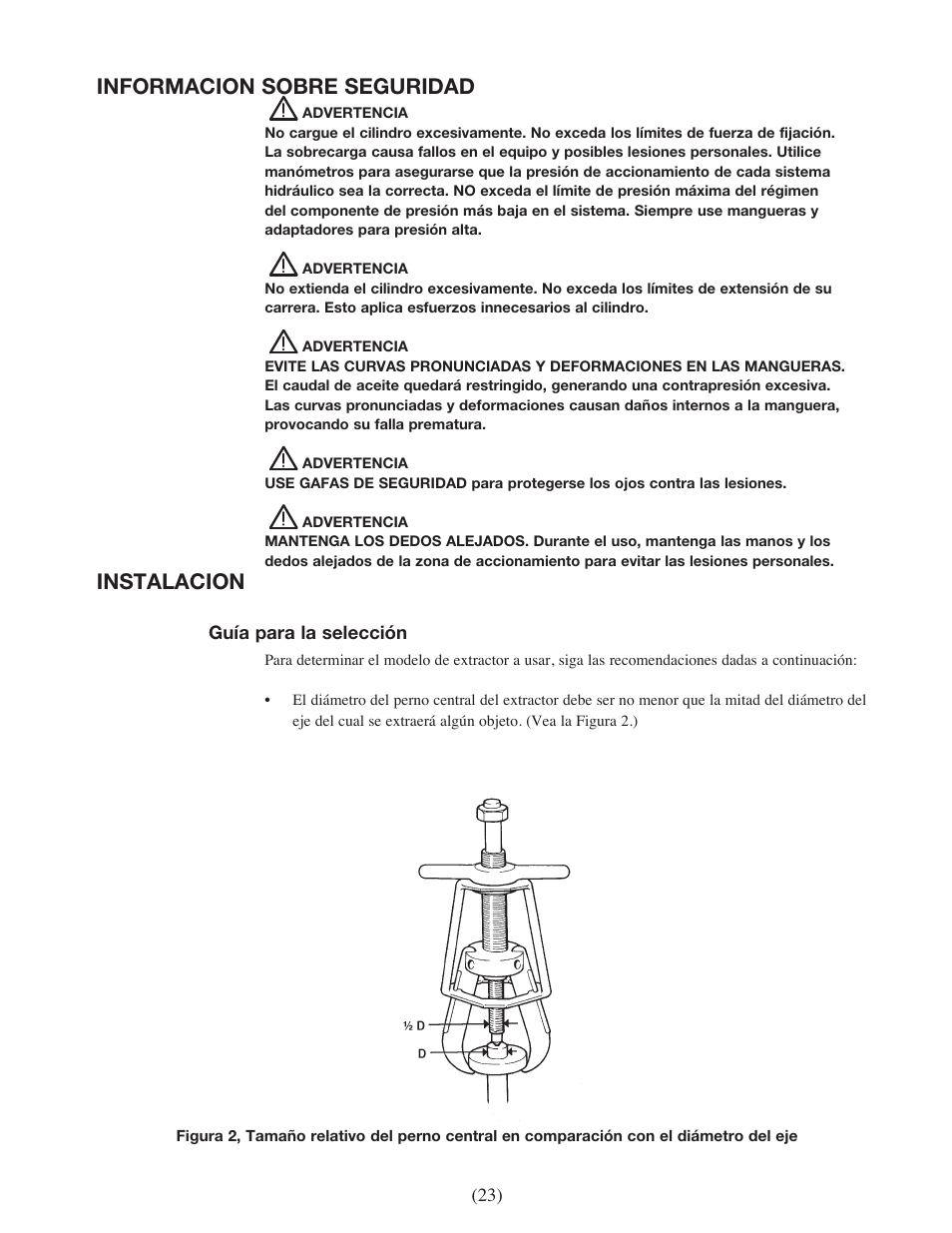 Informacion sobre seguridad, Instalacion | Enerpac EPH-Series User Manual | Page 23 / 52