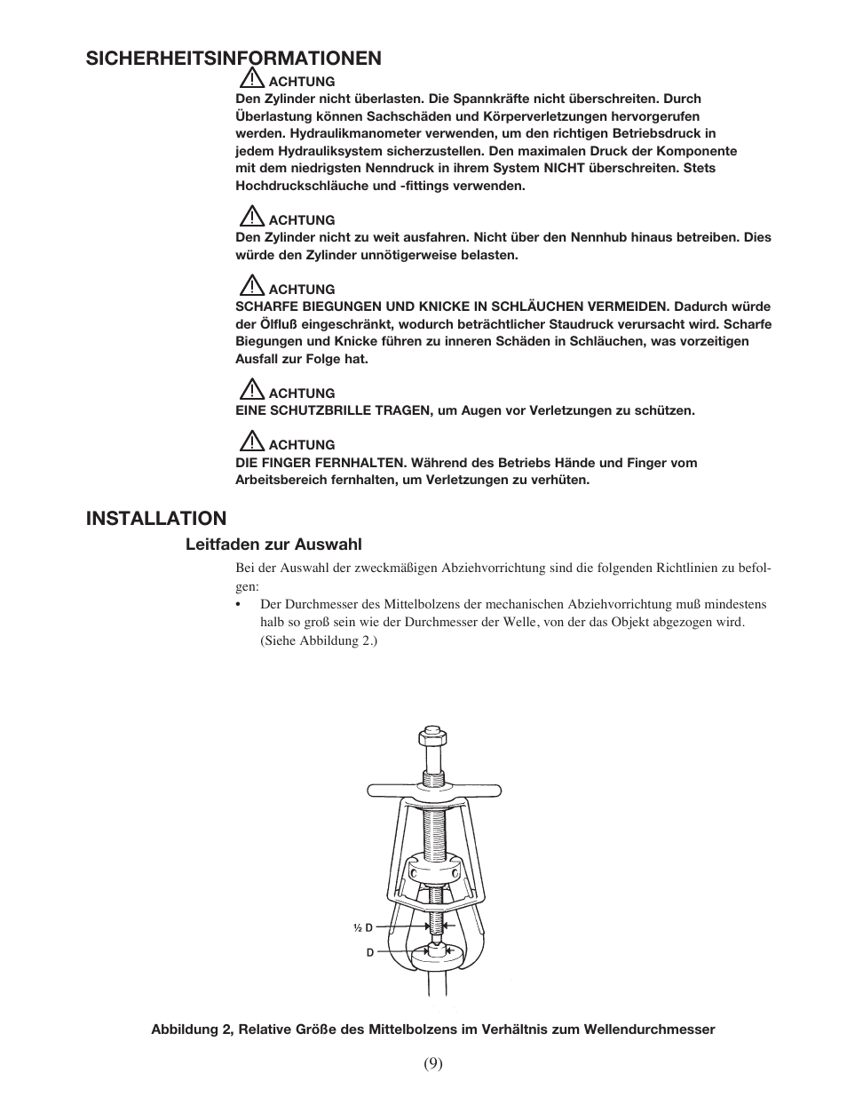 Sicherheitsinformationen, Installation | Enerpac EPH-Series User Manual | Page 9 / 52