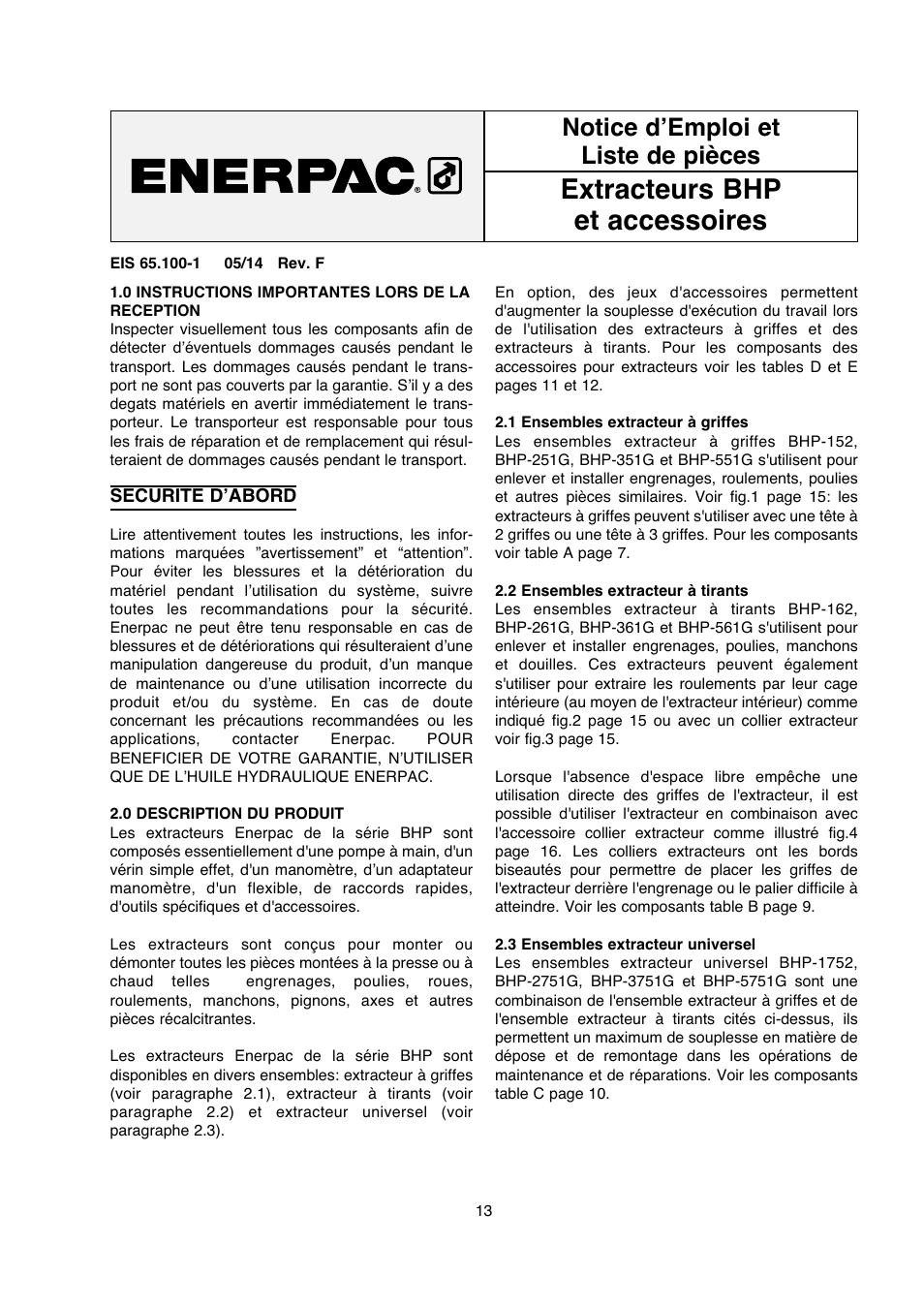 Extracteurs bhp et accessoires, Notice d’emploi et liste de pièces | Enerpac BHP-Series User Manual | Page 13 / 40
