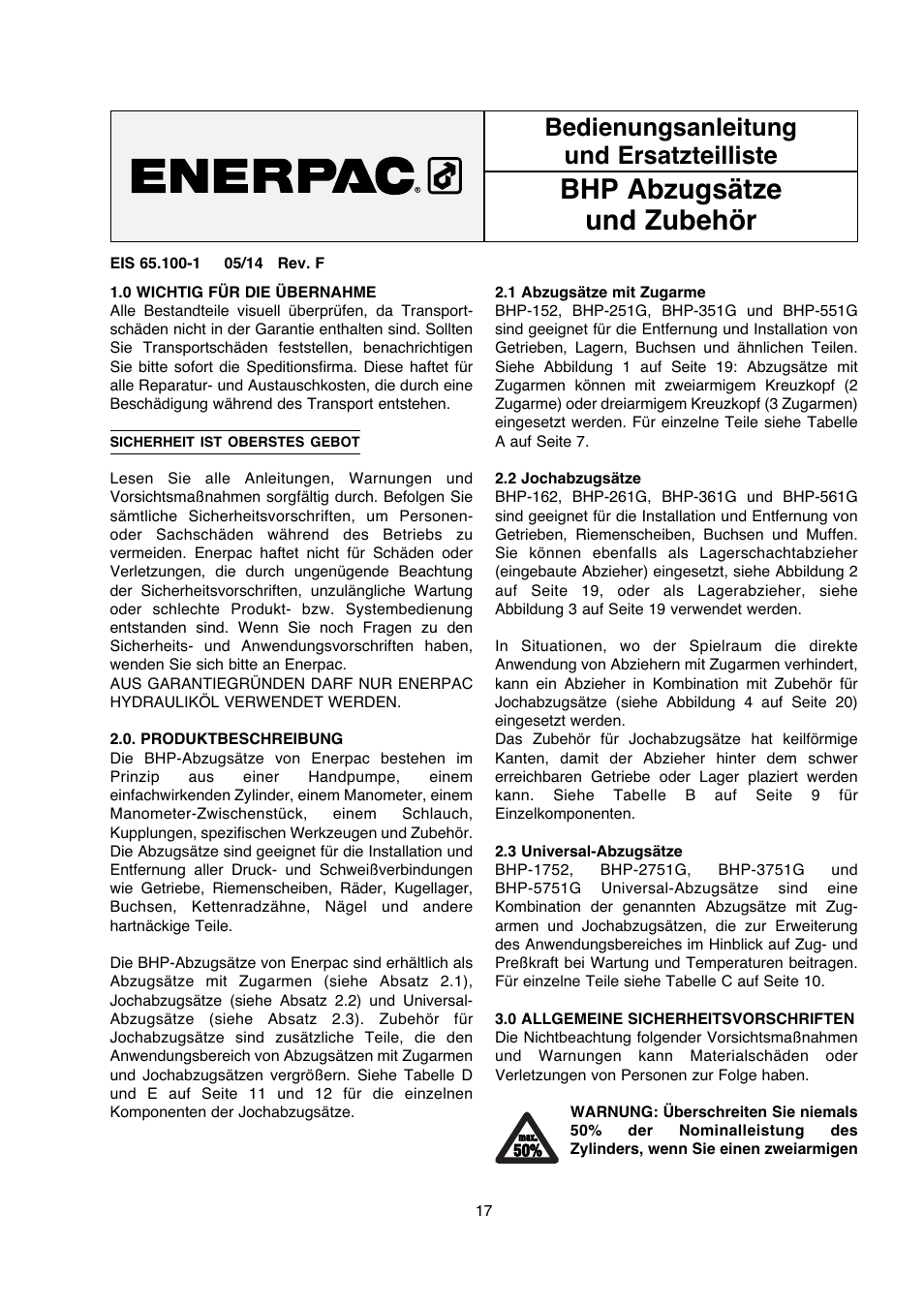 Bhp abzugsätze und zubehör, Bedienungsanleitung und ersatzteilliste | Enerpac BHP-Series User Manual | Page 17 / 40