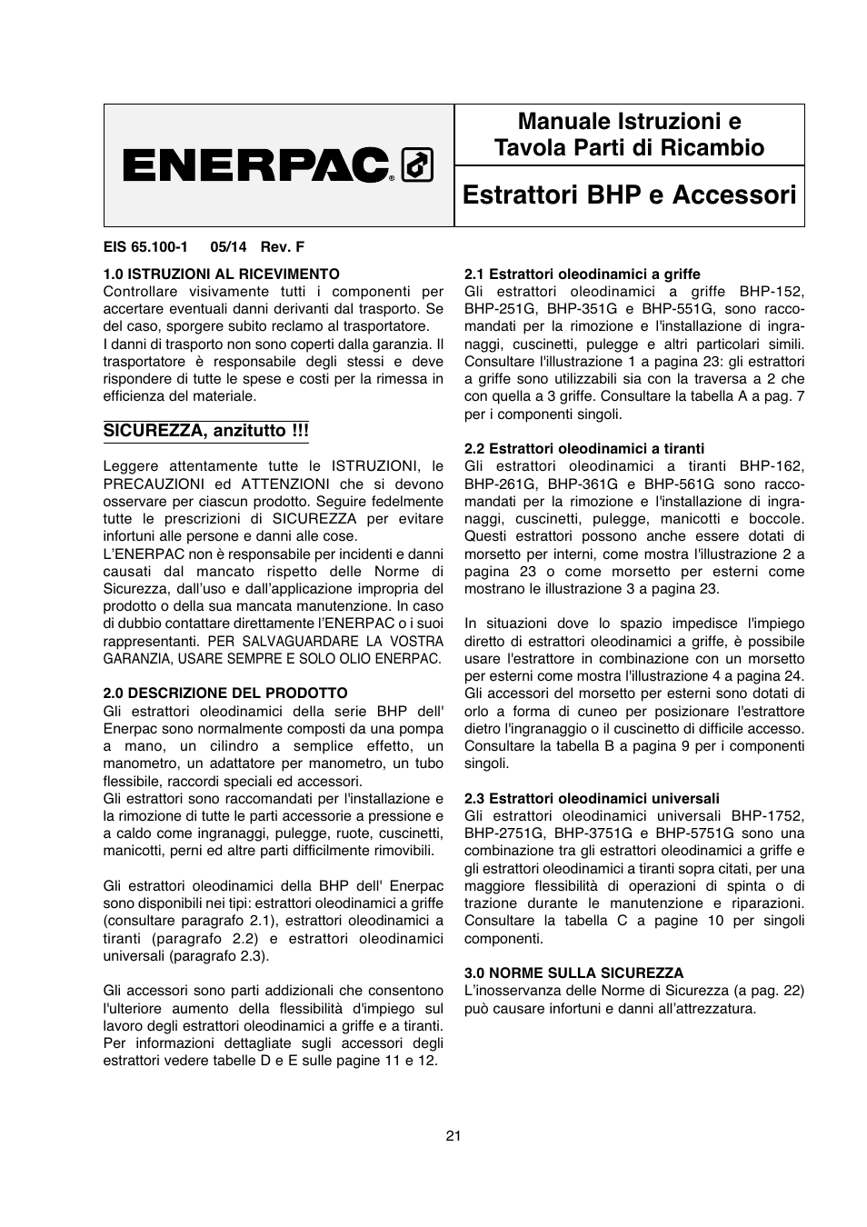 Estrattori bhp e accessori, Manuale istruzioni e tavola parti di ricambio | Enerpac BHP-Series User Manual | Page 21 / 40