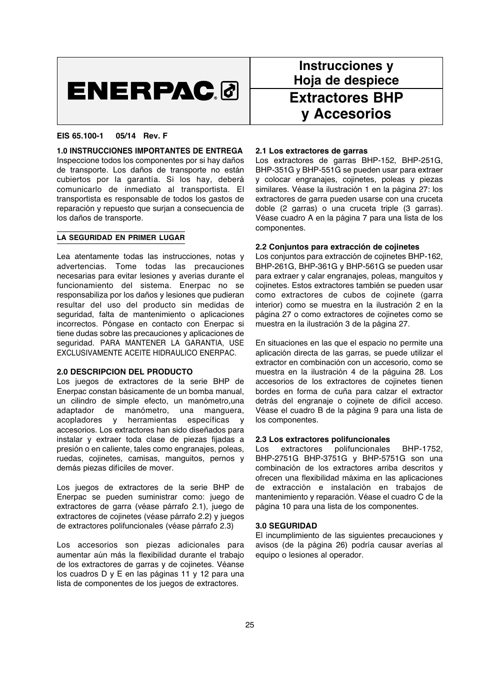 Extractores bhp y accesorios, Instrucciones y hoja de despiece | Enerpac BHP-Series User Manual | Page 25 / 40