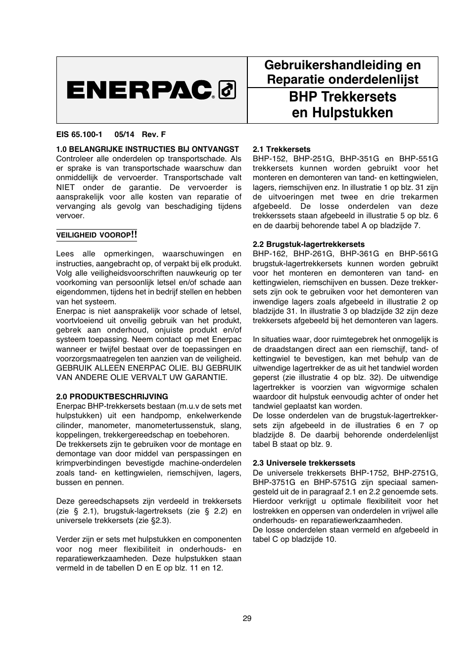 Bhp trekkersets en hulpstukken, Gebruikershandleiding en reparatie onderdelenlijst | Enerpac BHP-Series User Manual | Page 29 / 40