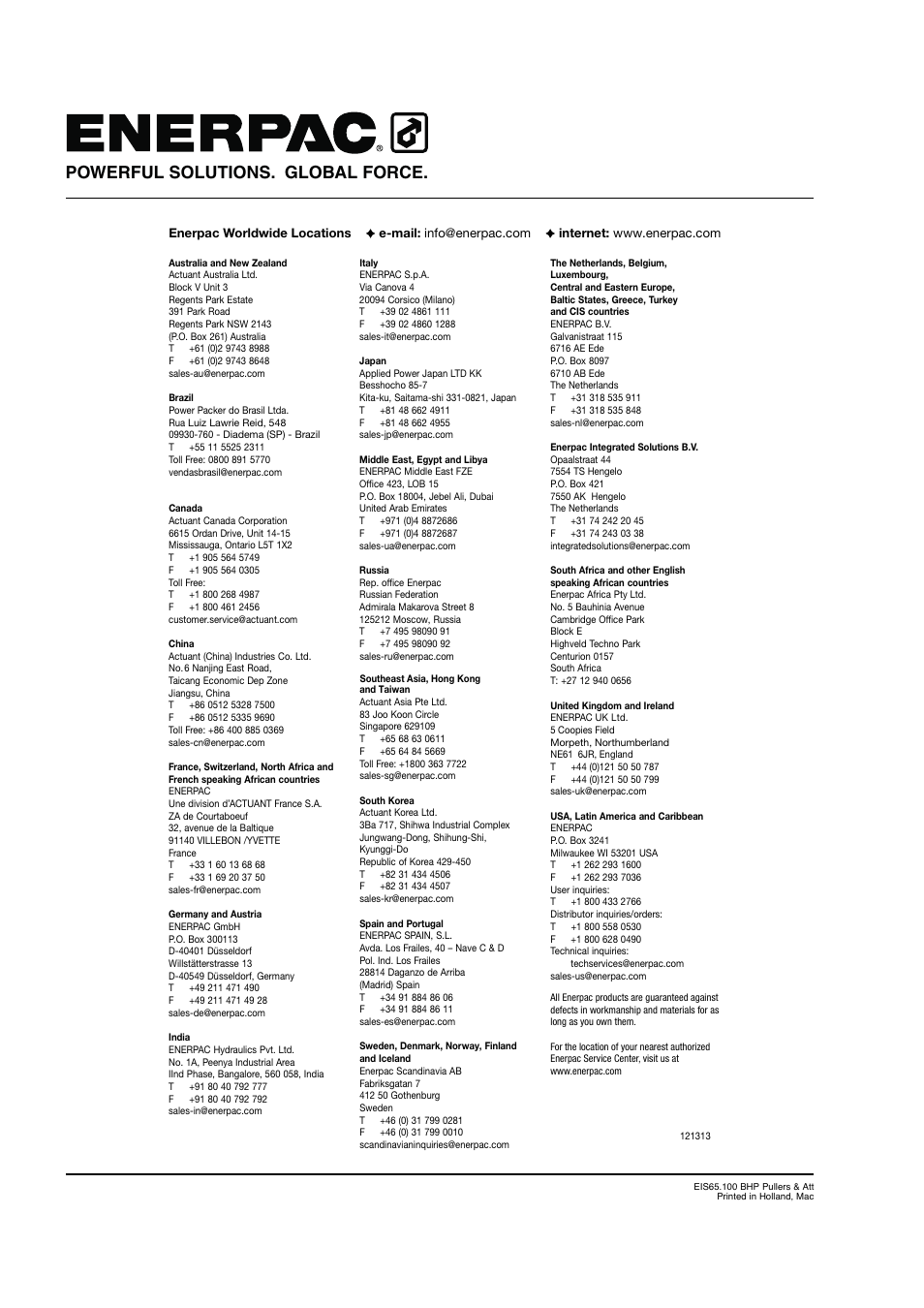 Powerful solutions. global force | Enerpac BHP-Series User Manual | Page 40 / 40