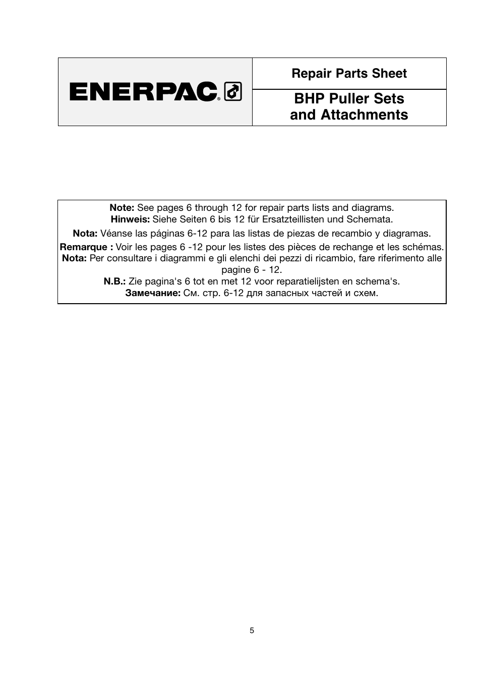 Bhp puller sets and attachments, Repair parts sheet | Enerpac BHP-Series User Manual | Page 5 / 40