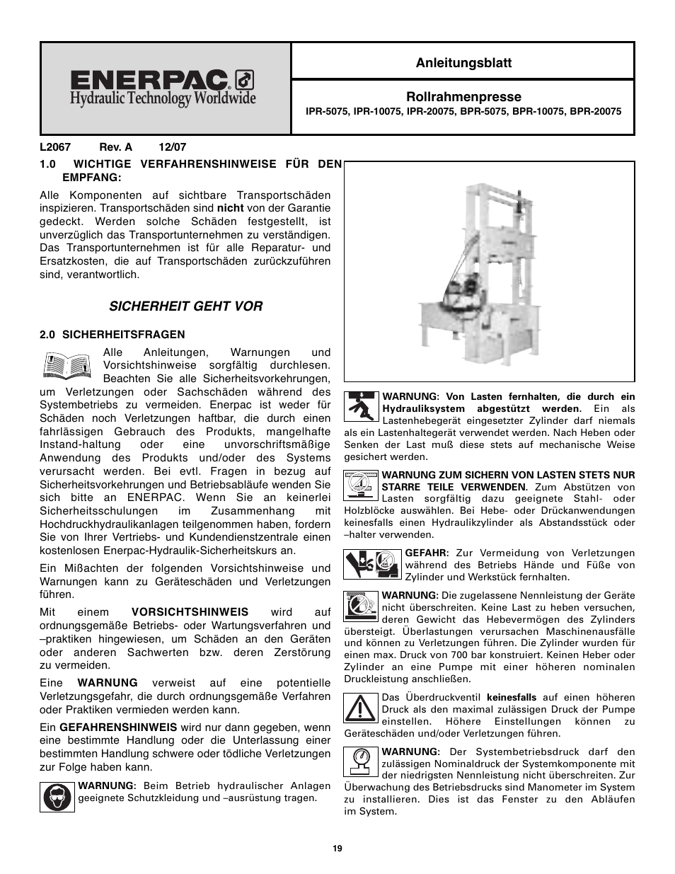 Hydraulic technology worldwide, Sicherheit geht vor | Enerpac BPR-Series User Manual | Page 19 / 68