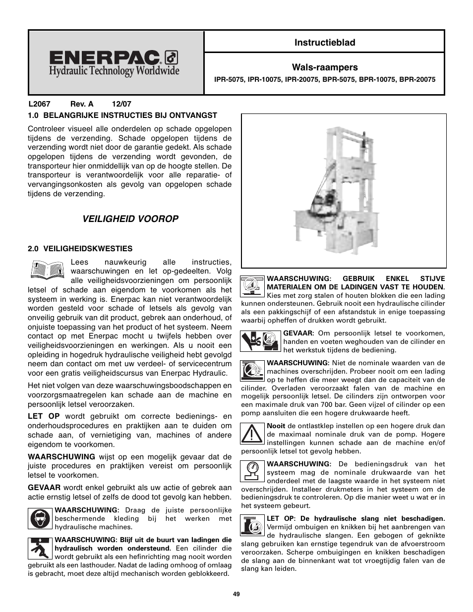 Hydraulic technology worldwide, Veiligheid voorop | Enerpac BPR-Series User Manual | Page 49 / 68