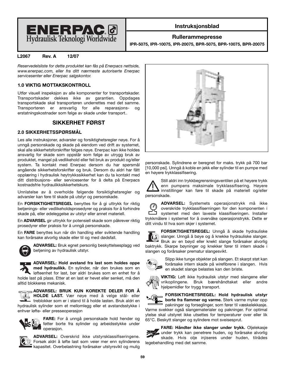 Hydraulisk teknologi worldwide | Enerpac BPR-Series User Manual | Page 59 / 68