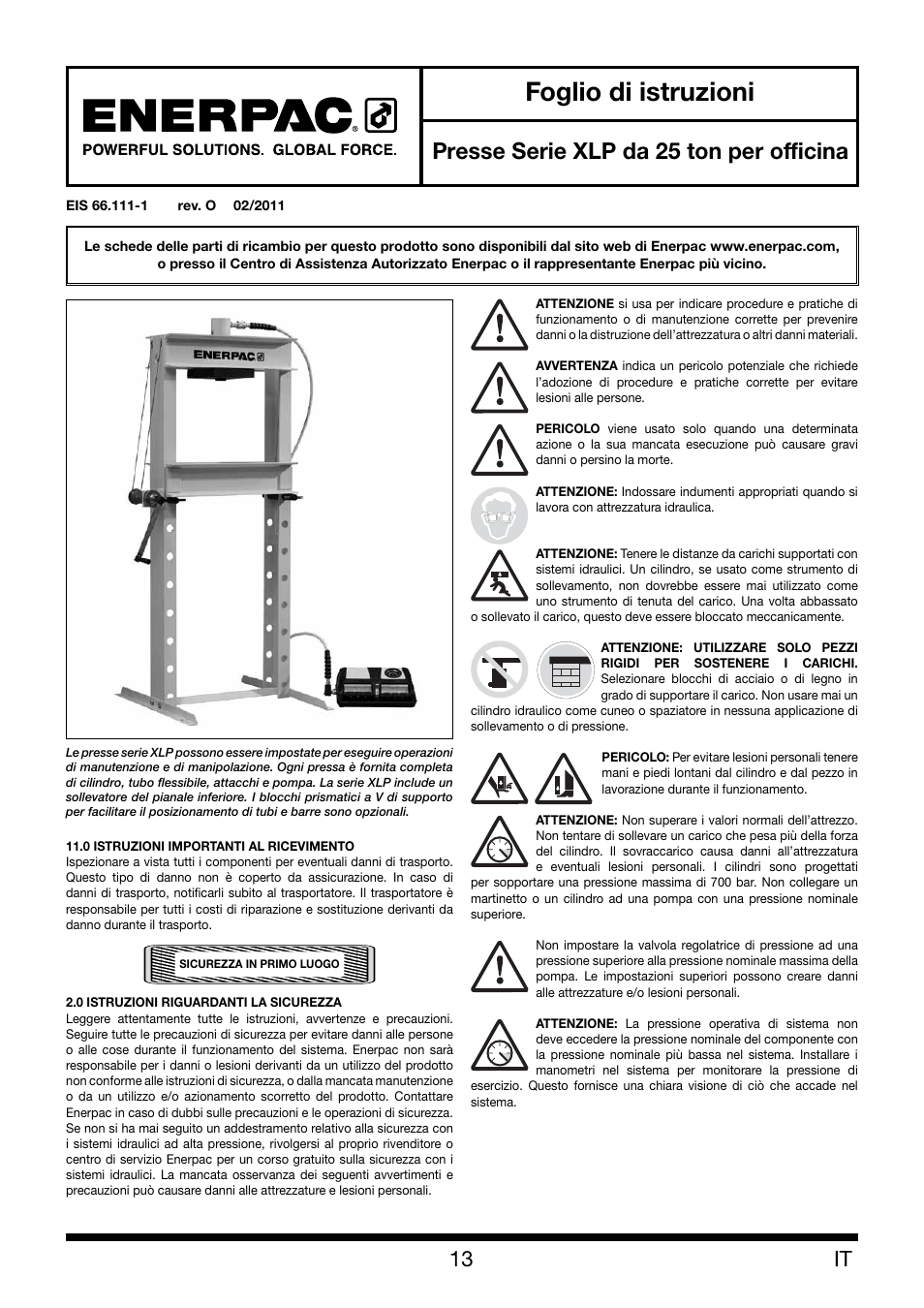 Foglio di istruzioni, Presse serie xlp da 25 ton per officina | Enerpac XLP 25 ton User Manual | Page 13 / 48