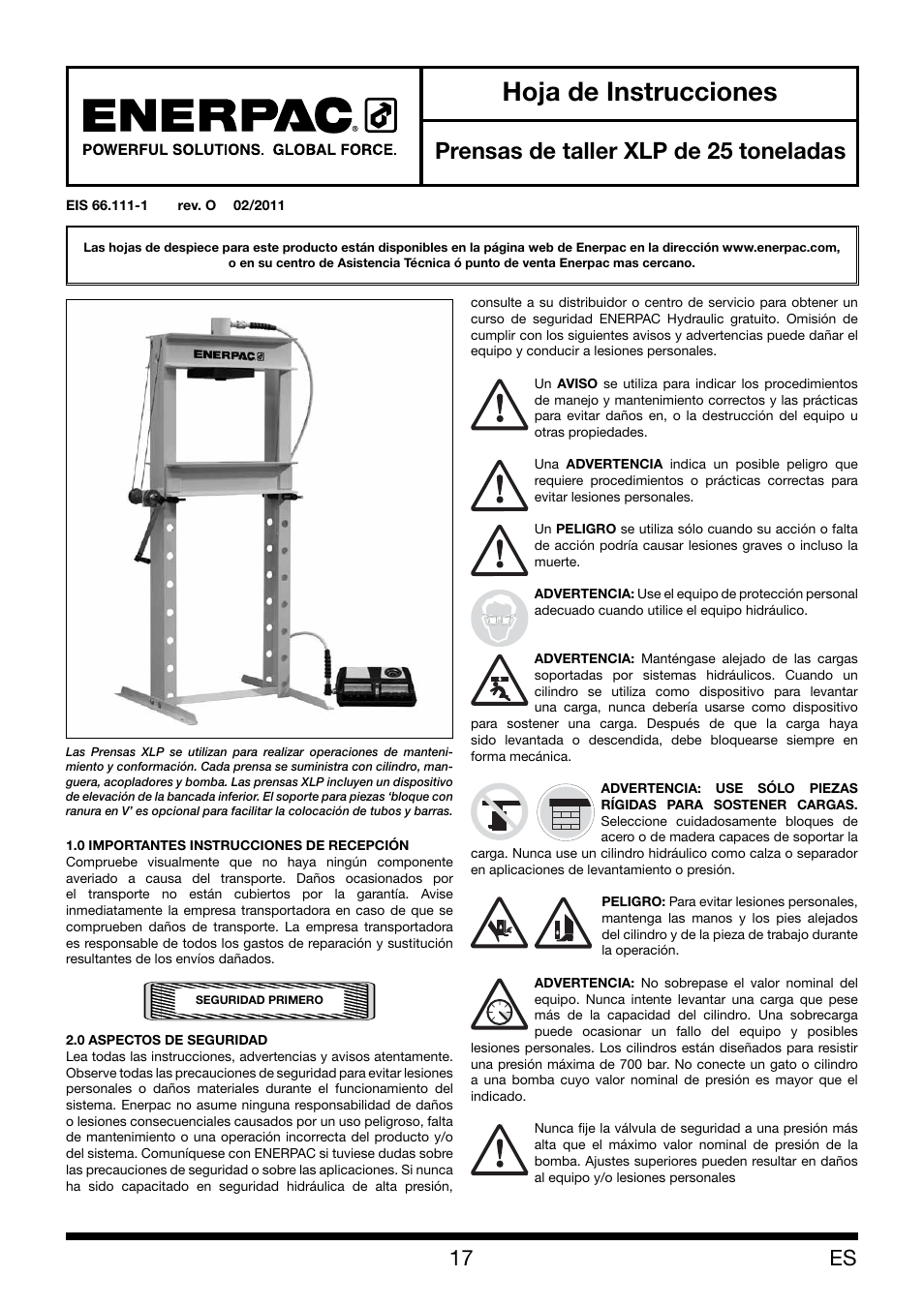 Hoja de instrucciones, Prensas de taller xlp de 25 toneladas | Enerpac XLP 25 ton User Manual | Page 17 / 48