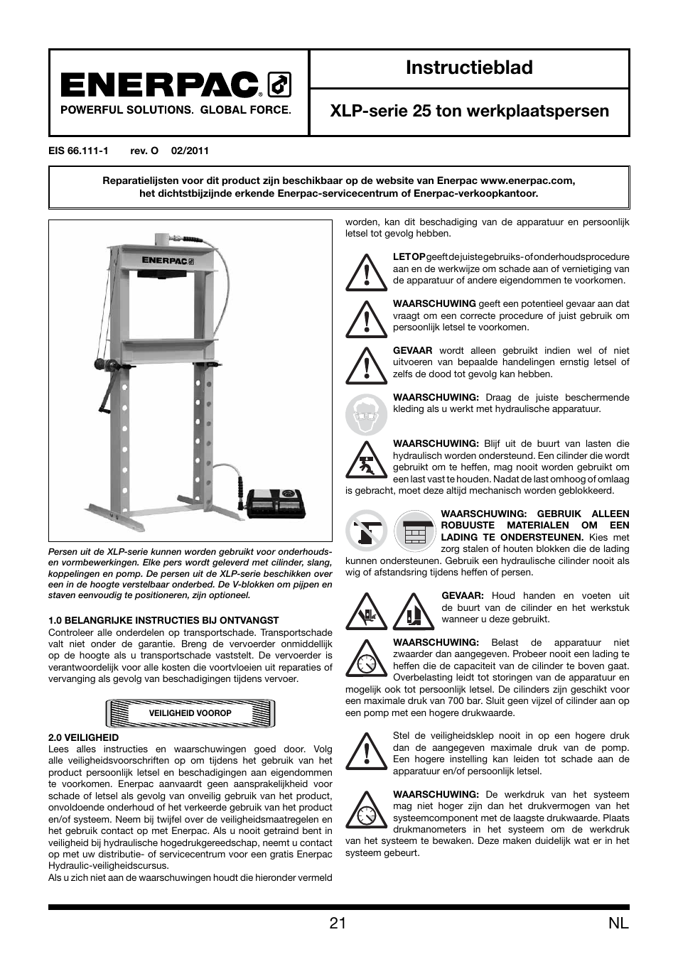 Instructieblad, Xlp-serie 25 ton werkplaatspersen | Enerpac XLP 25 ton User Manual | Page 21 / 48