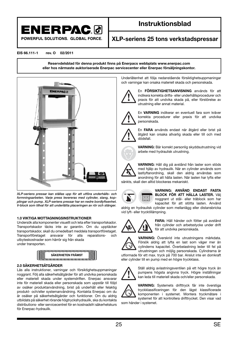 Instruktionsblad, Xlp-seriens 25 tons verkstadspressar | Enerpac XLP 25 ton User Manual | Page 25 / 48