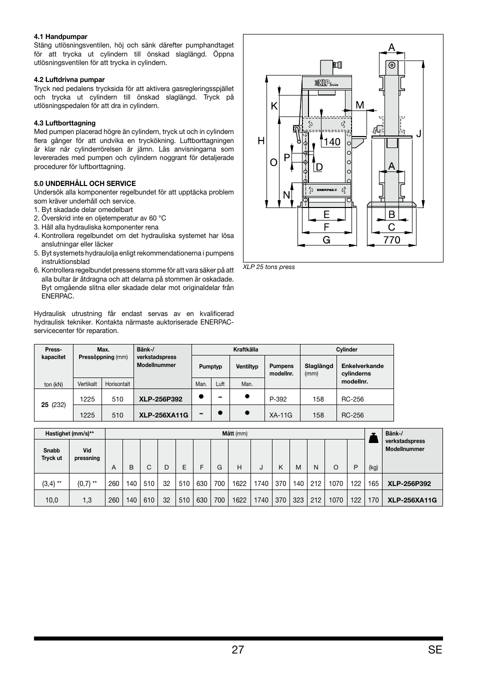 Enerpac XLP 25 ton User Manual | Page 27 / 48