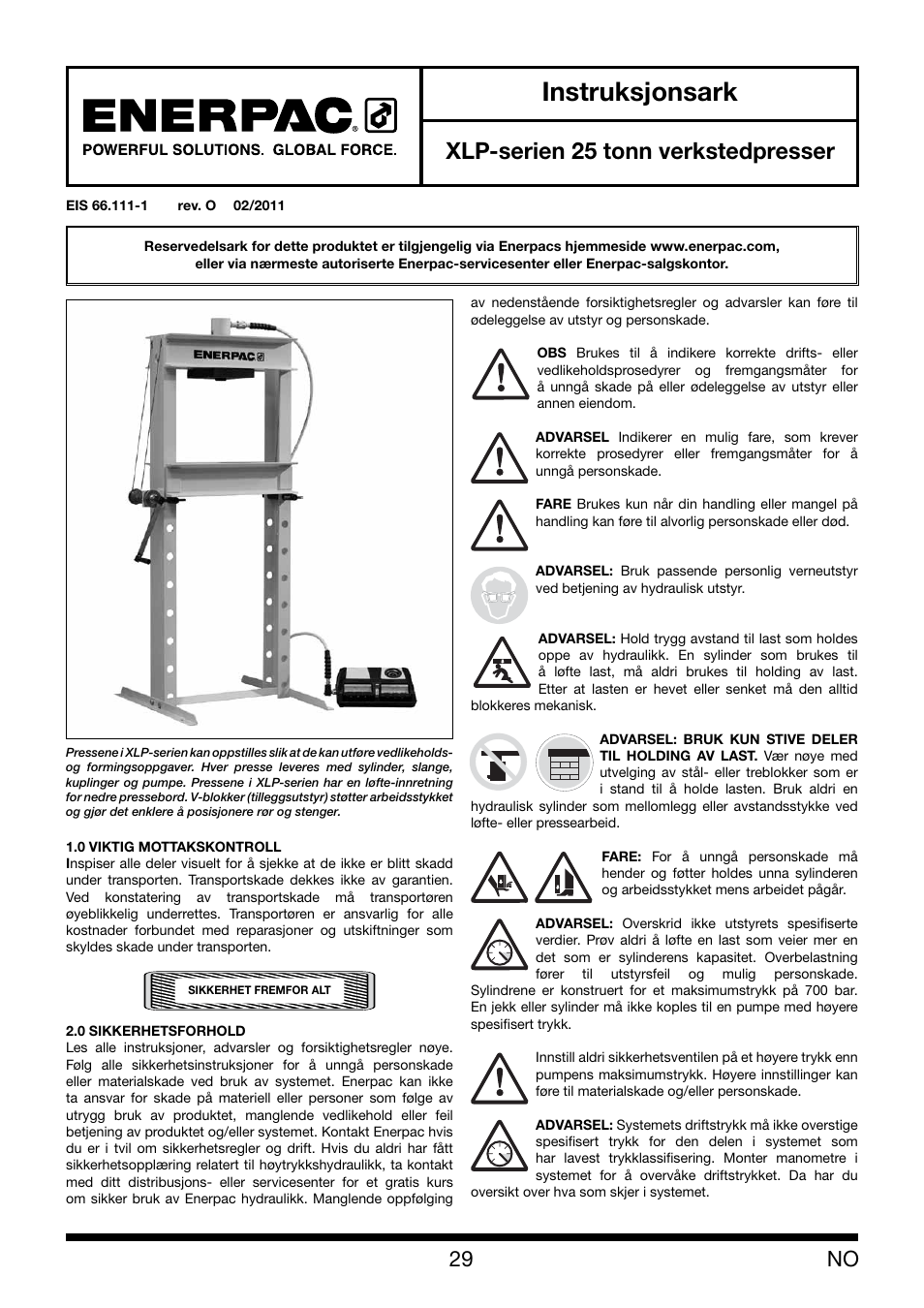 Instruksjonsark, Xlp-serien 25 tonn verkstedpresser | Enerpac XLP 25 ton User Manual | Page 29 / 48