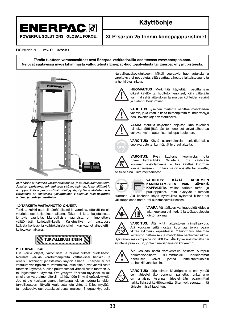 Käyttöohje, Xlp-sarjan 25 tonnin konepajapuristimet | Enerpac XLP 25 ton User Manual | Page 33 / 48